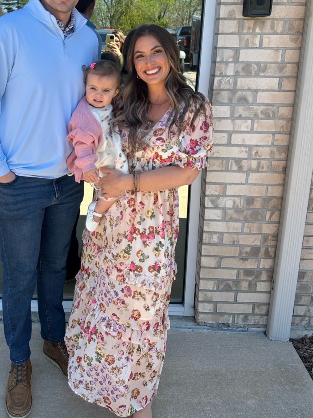 Vici Floral Midi Dress in Cream with Pink and Green Flowers